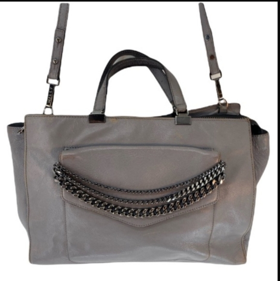 AUTH MILLY GUNMETAL GRAY CHAINLINKED XL LEATHER SATCHEL HANDBAG W/ LONG STRAP! - Picture 2 of 16
